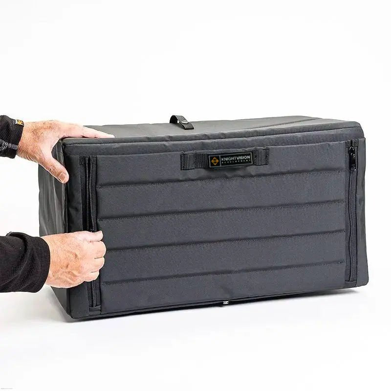 Man opening padded front-facing van cabinet with zipper closures on both sides.