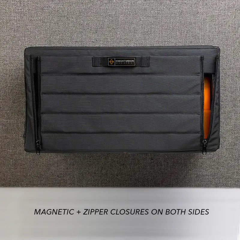 Front view of black van cabinet showing magnetic and zipper closures on both sides.