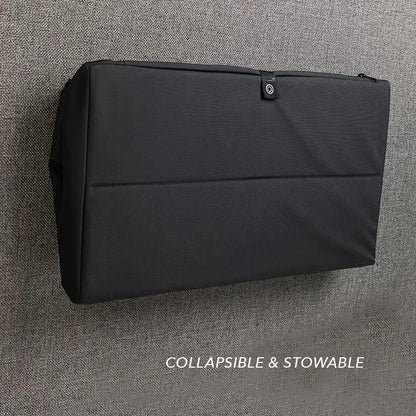 Collapsible black storage cabinet mounted on van wall, shown in stowed position with "Collapsible & Stowable" text below.