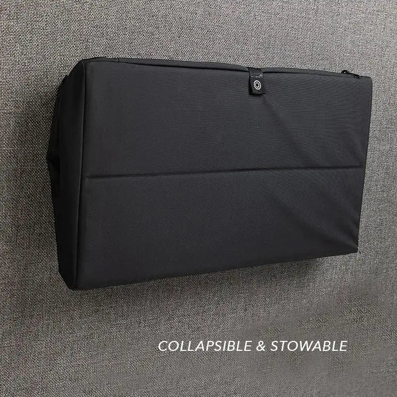 Collapsible black storage cabinet mounted on van wall, shown in stowed position with "Collapsible & Stowable" text below.
