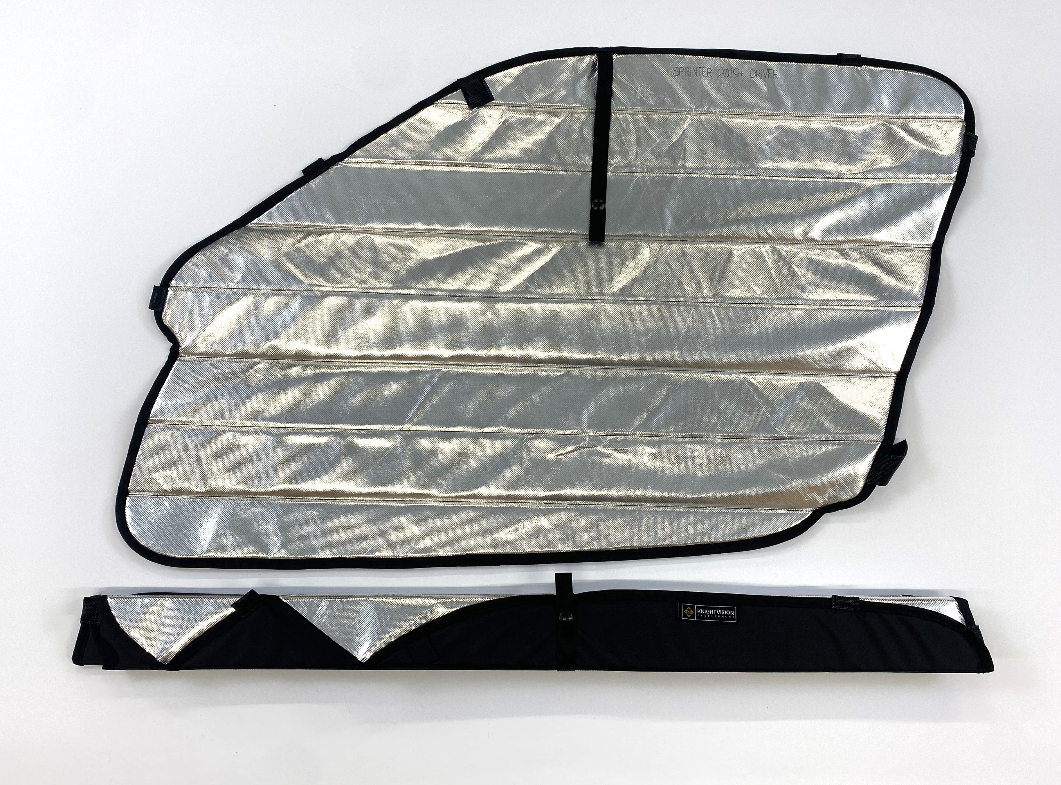 Reflective insulated window cover labeled "SPRINTER 2019+ DRIVER." Features a silver heat-reflective surface with black edge binding and multiple mounting tabs. Shown unfolded and folded for compact storage with the Knight Vision logo on the strap.