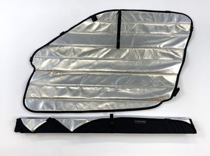 Reflective insulated window cover labeled "SPRINTER 2019+ DRIVER." Features a silver heat-reflective surface with black edge binding and multiple mounting tabs. Shown unfolded and folded for compact storage with the Knight Vision logo on the strap.