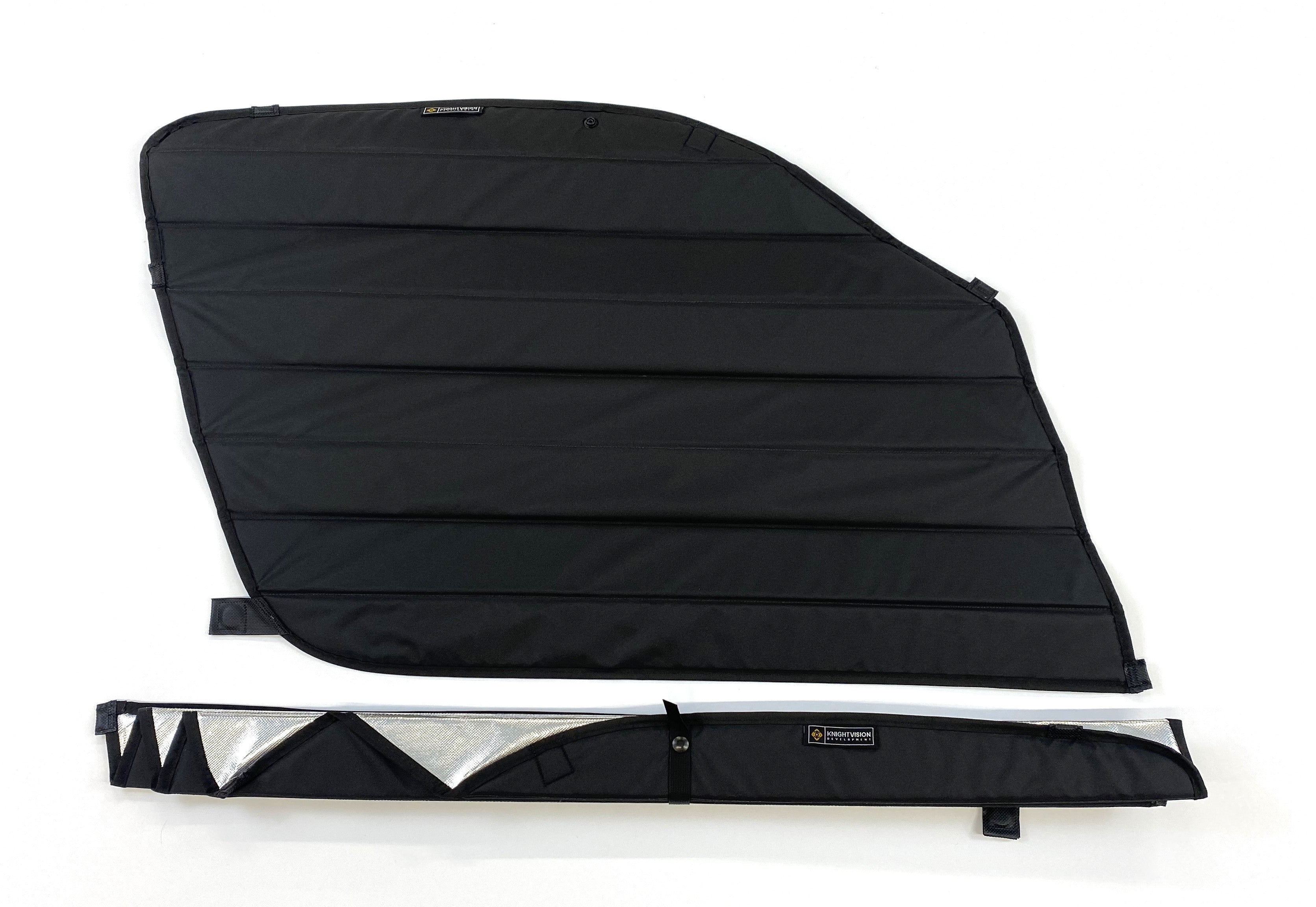 Folded and unfolded view of a Knight Vision insulated window cover with black fabric backing and reflective interior.