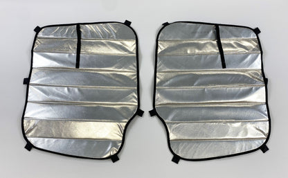 Pair of reflective insulated window covers for a Sprinter van (07–18), labeled "Rear Passenger Set." Designed with black edge binding, stitched padding, and attachment tabs for easy installation.