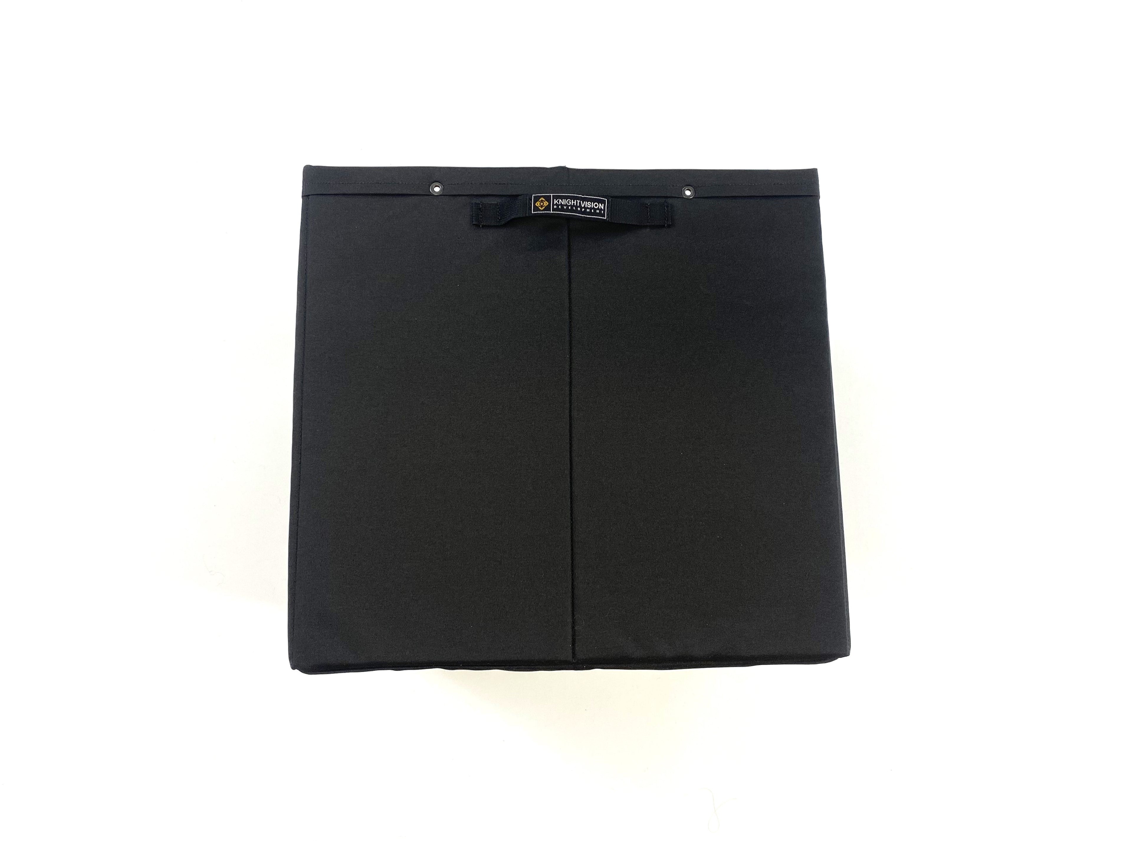 lack Knight Vision storage bin with top edge snaps and front logo tag on white background