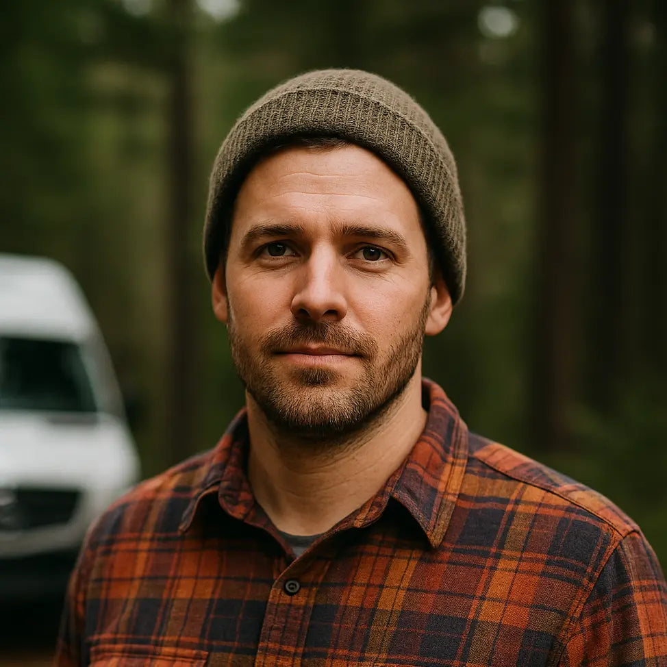 Derek M. from Minneapolis, Minnesota, stands in a forest wearing a flannel shirt and beanie, with a van in the background.