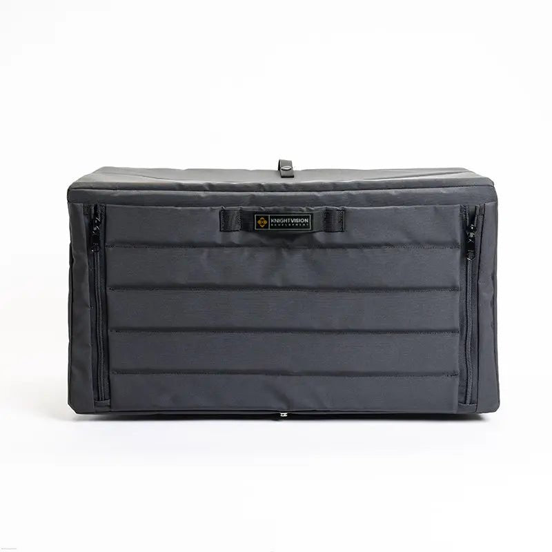 Sprinter van front-facing soft-sided cabinet with dual zippers and logo on white background.
