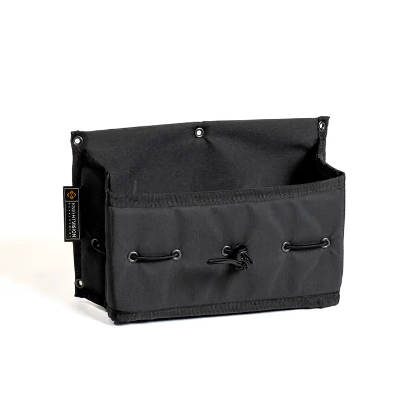 This is the front view of The Spice Cache by Knight Vision Development, shown empty. You can clearly see the open-top design, multiple cinch cord loops, and the reinforced mounting eyelets—ideal for organizing gear, tools, or camp kitchen items.